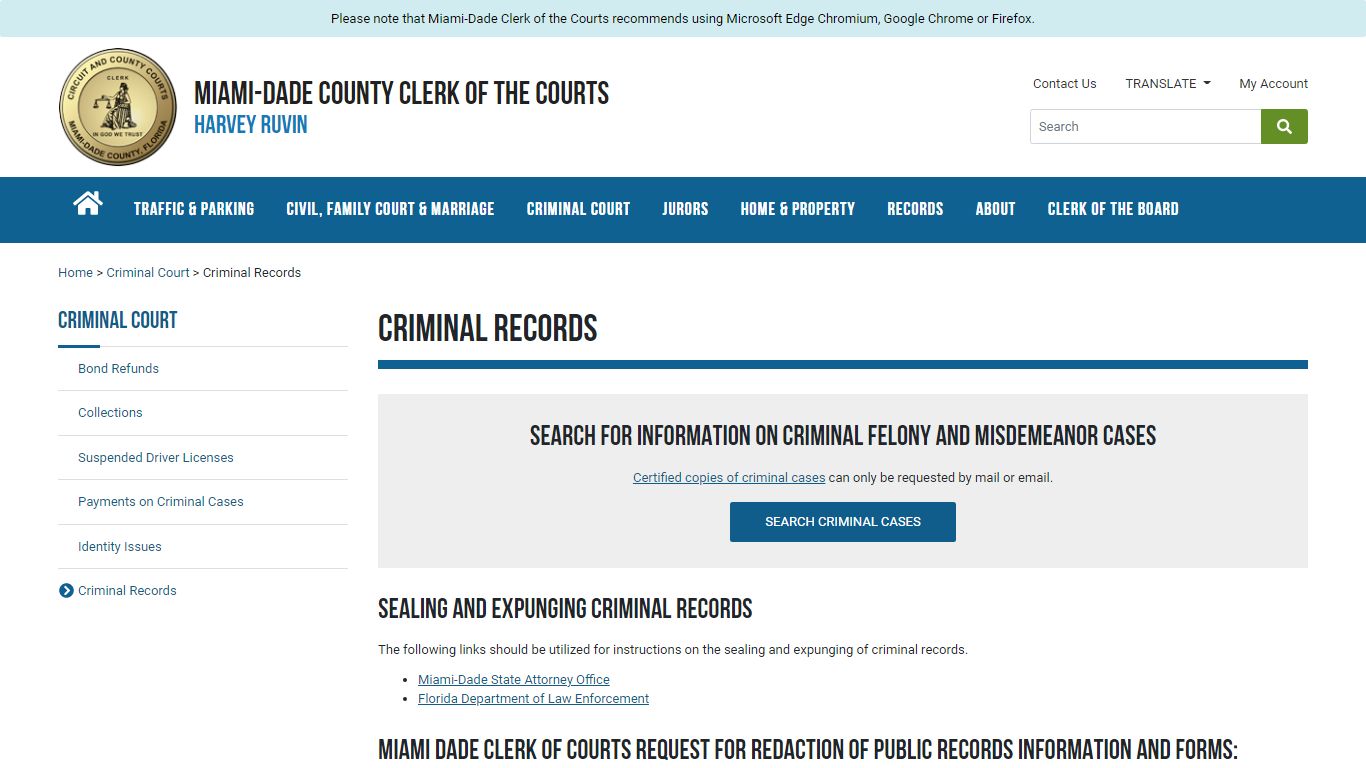 Criminal Records Requests - Miami-Dade Clerk